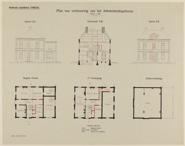 217537 Aanzichten, doorsnede en plattegronden van het te verbouwen administratiegebouw van de gemeentelijke Gasfabriek ...